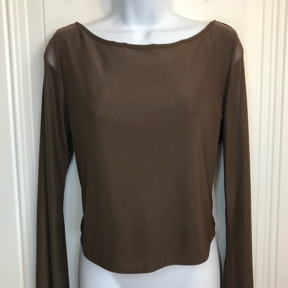 Princess Polly Women’s 10 Chocolate Brown Mesh LS Tie Back Crop Top NWOT - Picture 6 of 16